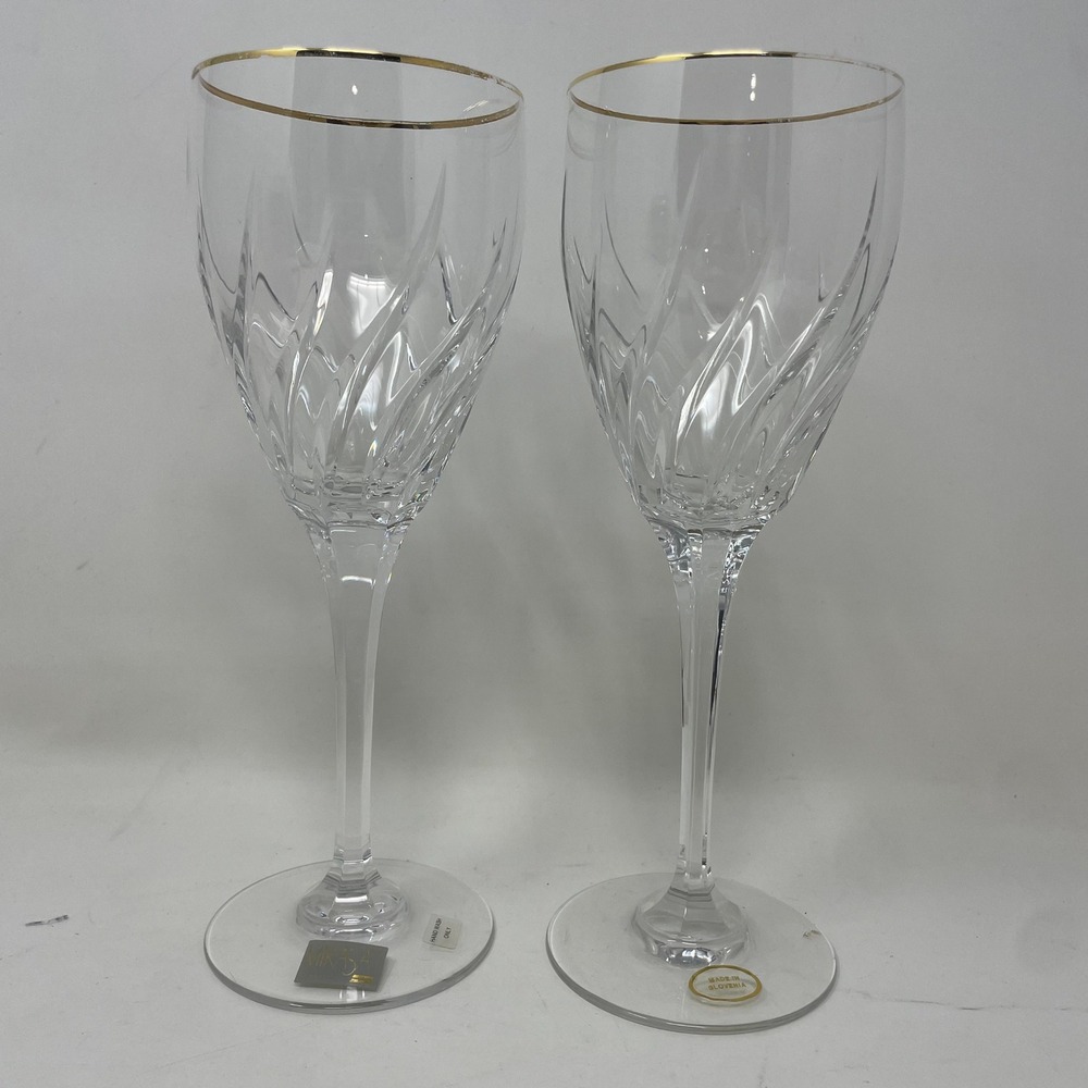 Mikasa Crystal Wine Glasses Gold Rim Swirl Pattern Set of 2 Made in Slovenia 9"